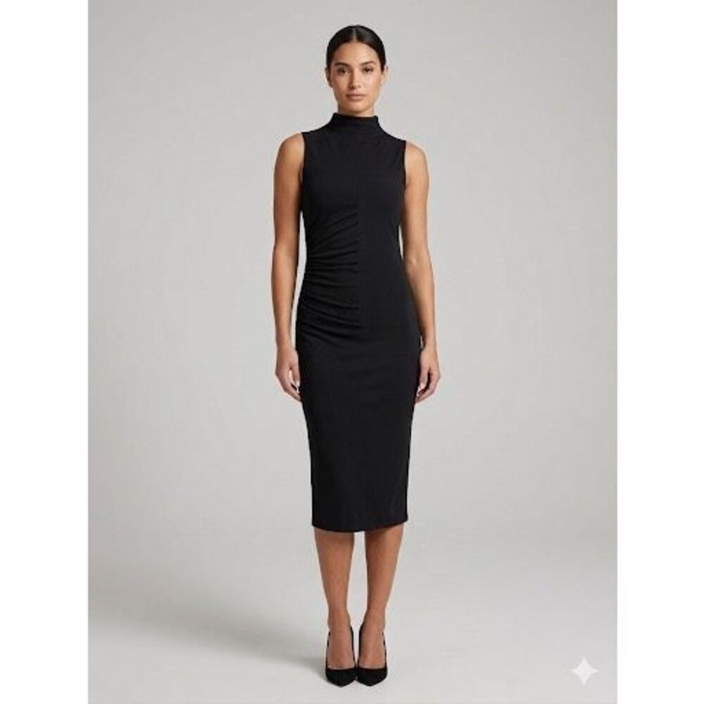 Cider Black High Neck Ruched Sleeveless Midi Dress Size S Bodycon
